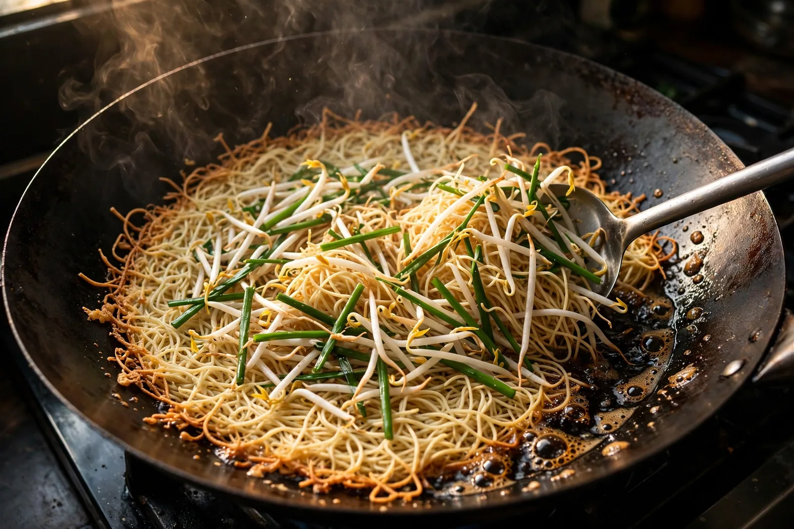 Thin egg noodles crisping in a black carbon steel wok in an even layer with golden edges, bean sprouts and garlic chives being tossed with a metal spatula, light steam rising and soy sauce sizzling at the edge of the wok
