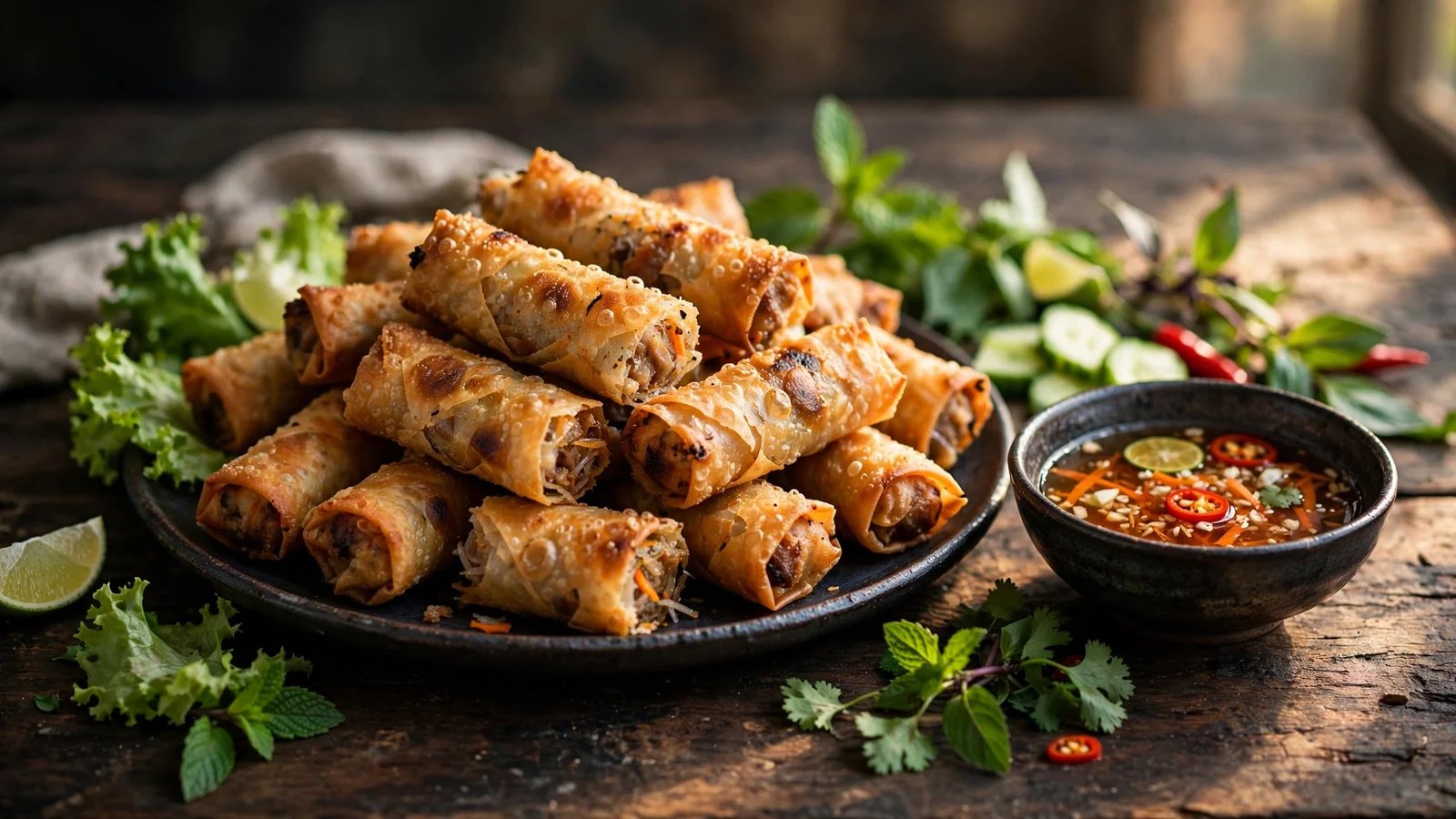 Golden-brown crispy Vietnamese cha gio spring rolls piled on a dark ceramic plate with a small bowl of nuoc cham dipping sauce, fresh lettuce and herbs, on a rustic wooden table