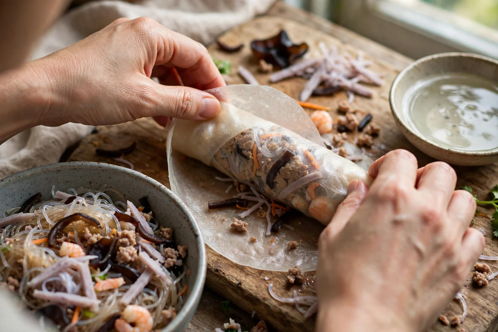 Hands rolling a cha gio spring roll in a translucent rice paper sheet around a log of seasoned pork, shrimp, wood ear mushrooms and glass noodles on a wooden board