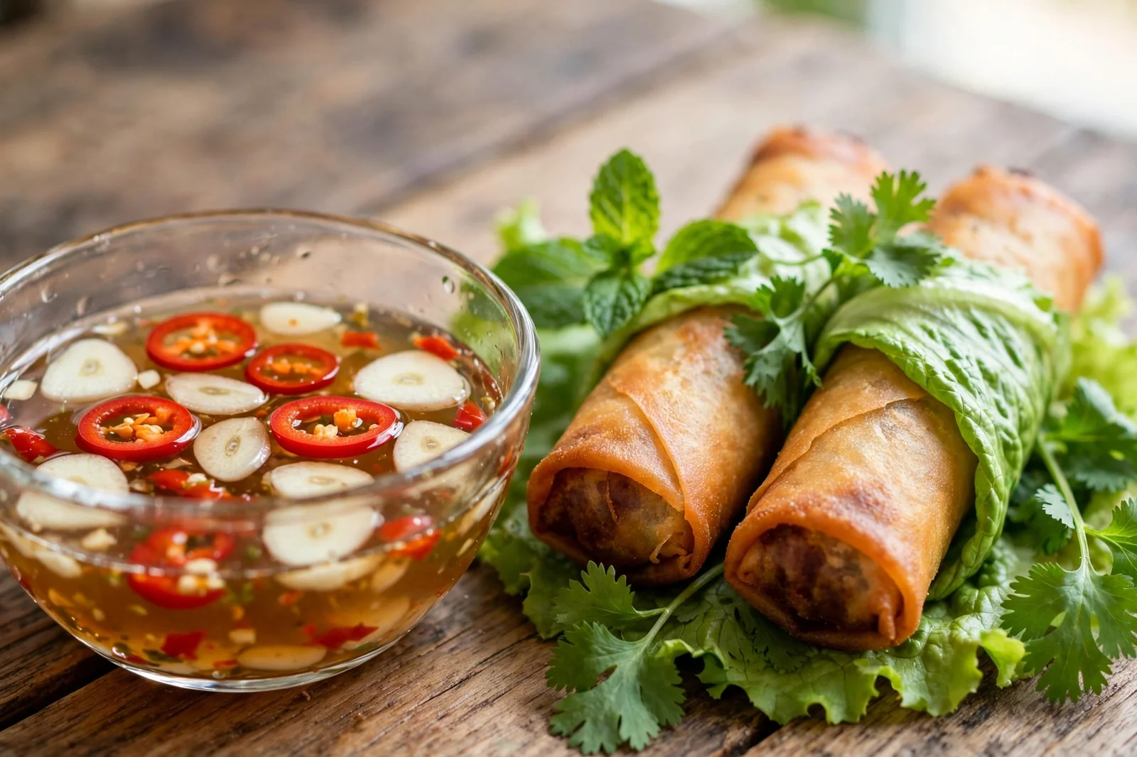A small glass bowl of nuoc cham dipping sauce with garlic slices and red chile rings beside two golden crispy cha gio rolls wrapped in lettuce with fresh mint and cilantro