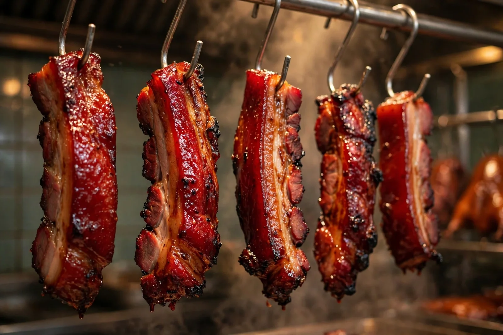 Glossy char siu pork strips hanging on hooks in a roast meat shop