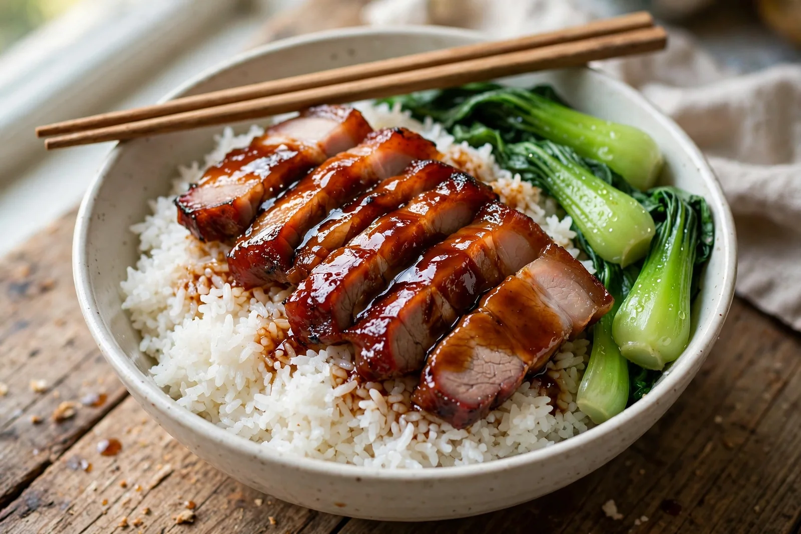 Char siu roast pork over steamed white rice with bok choy