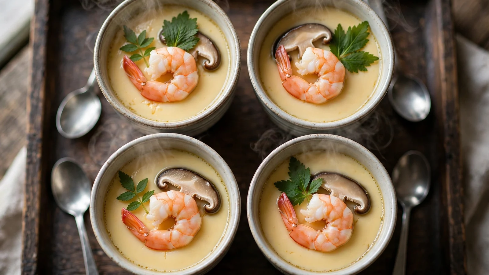 Four small ceramic cups of silky Japanese chawanmushi steamed egg custard topped with shrimp, shiitake mushroom slices and green herb leaves, steam rising, spoons on a dark wooden tray