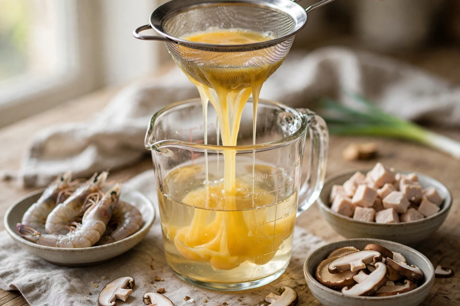 Beaten egg being poured through a fine-mesh strainer into a glass measuring jug of clear dashi, with small bowls of raw shrimp, diced chicken and sliced shiitake mushrooms beside it