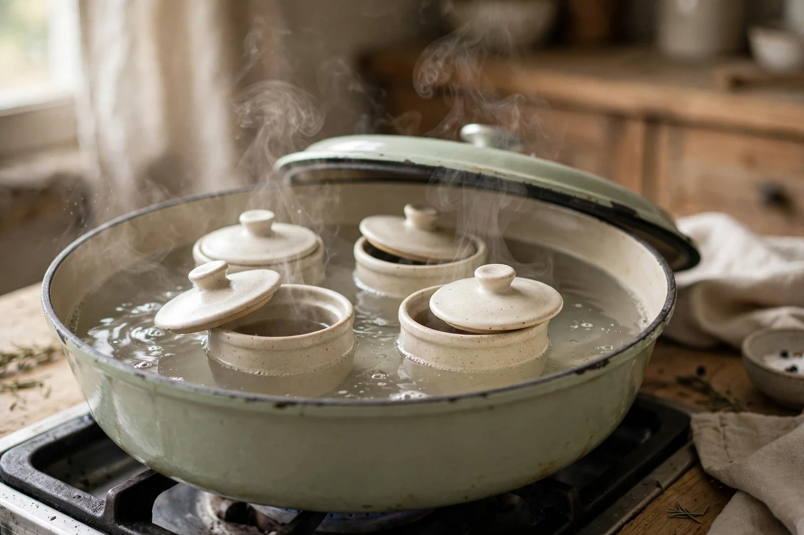 Small lidded ceramic cups steaming in a wide pot of gently simmering water on a stovetop, lids slightly ajar with wisps of steam rising