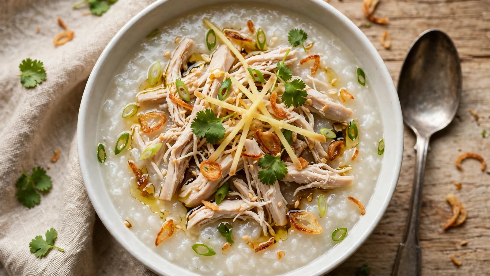 White ceramic bowl of silky chicken congee jook topped with shredded chicken, julienned ginger, scallions, cilantro, crispy shallots and a drizzle of sesame oil, spoon beside the bowl