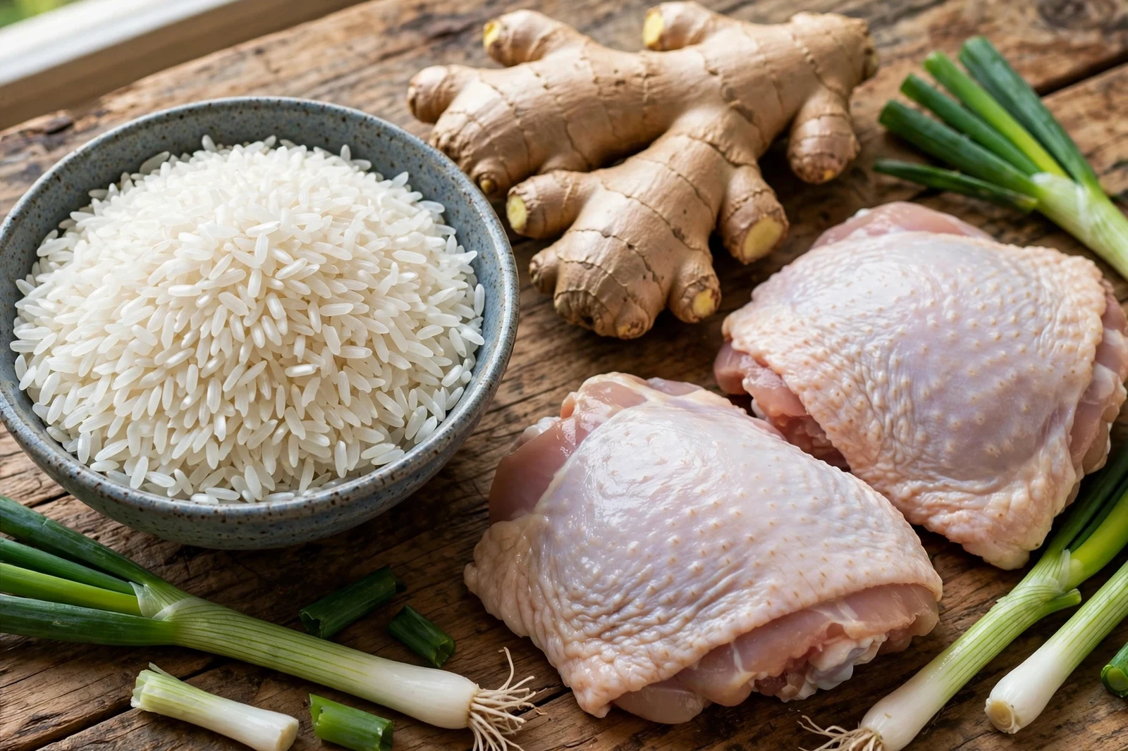 Ingredients for chicken congee on a wooden counter: bowl of jasmine rice, fresh ginger root, raw chicken thighs, and scallions in natural light