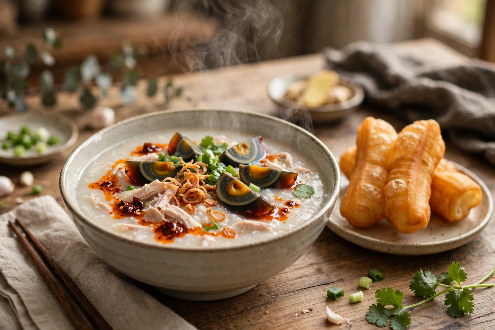 Bowl of chicken congee with century egg, crispy shallots and chili oil, with youtiao fried dough sticks on a side plate, steam rising