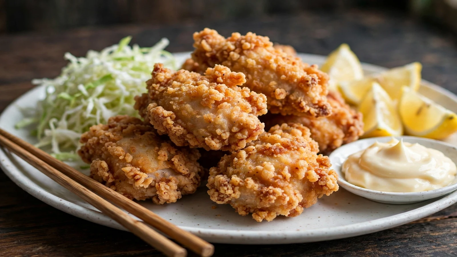 A plate of crispy golden Japanese chicken karaage with lemon wedges, Japanese mayonnaise, shredded cabbage, and chopsticks
