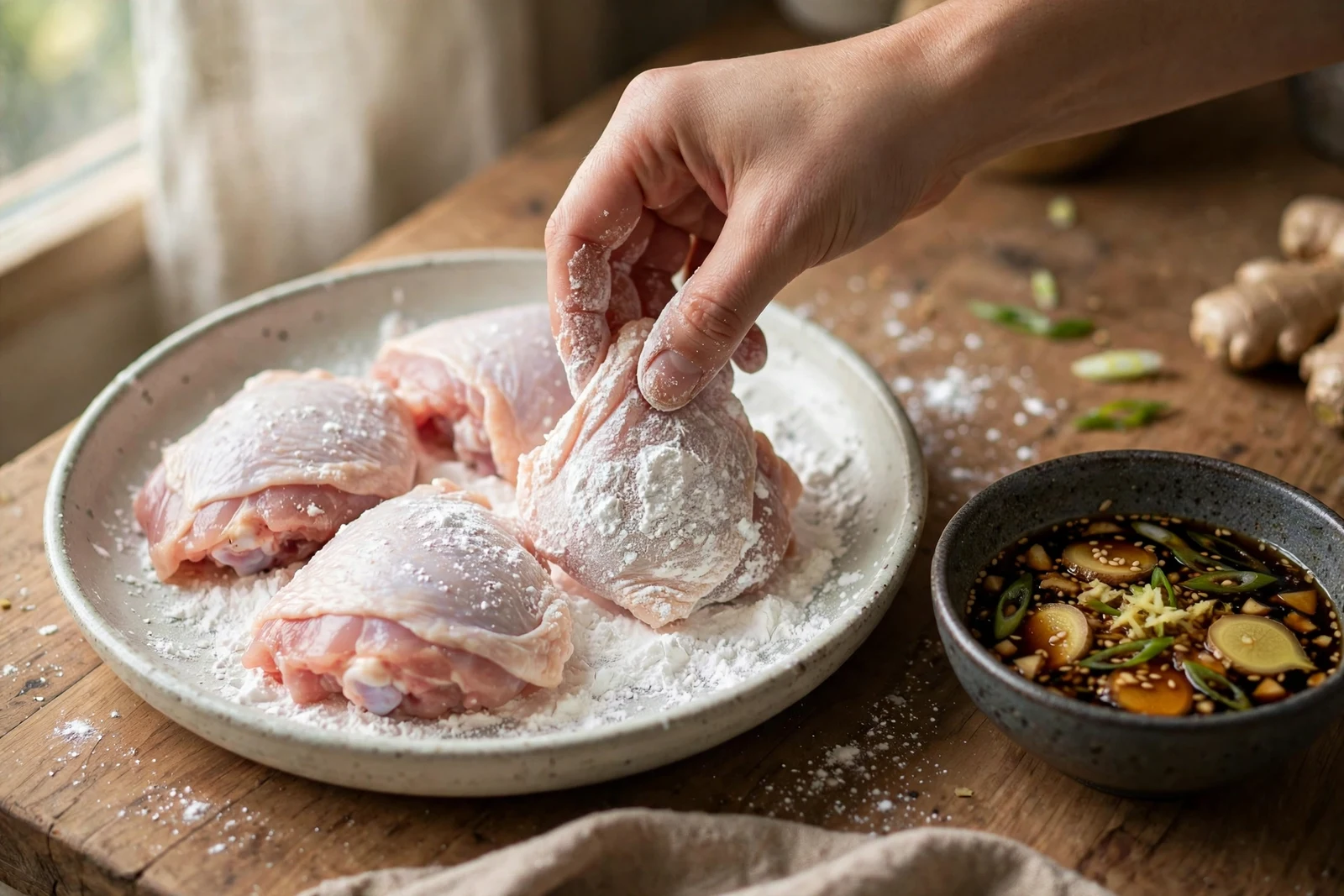 Raw chicken thigh pieces being coated in potato starch in a shallow dish, with a bowl of soy-ginger marinade nearby