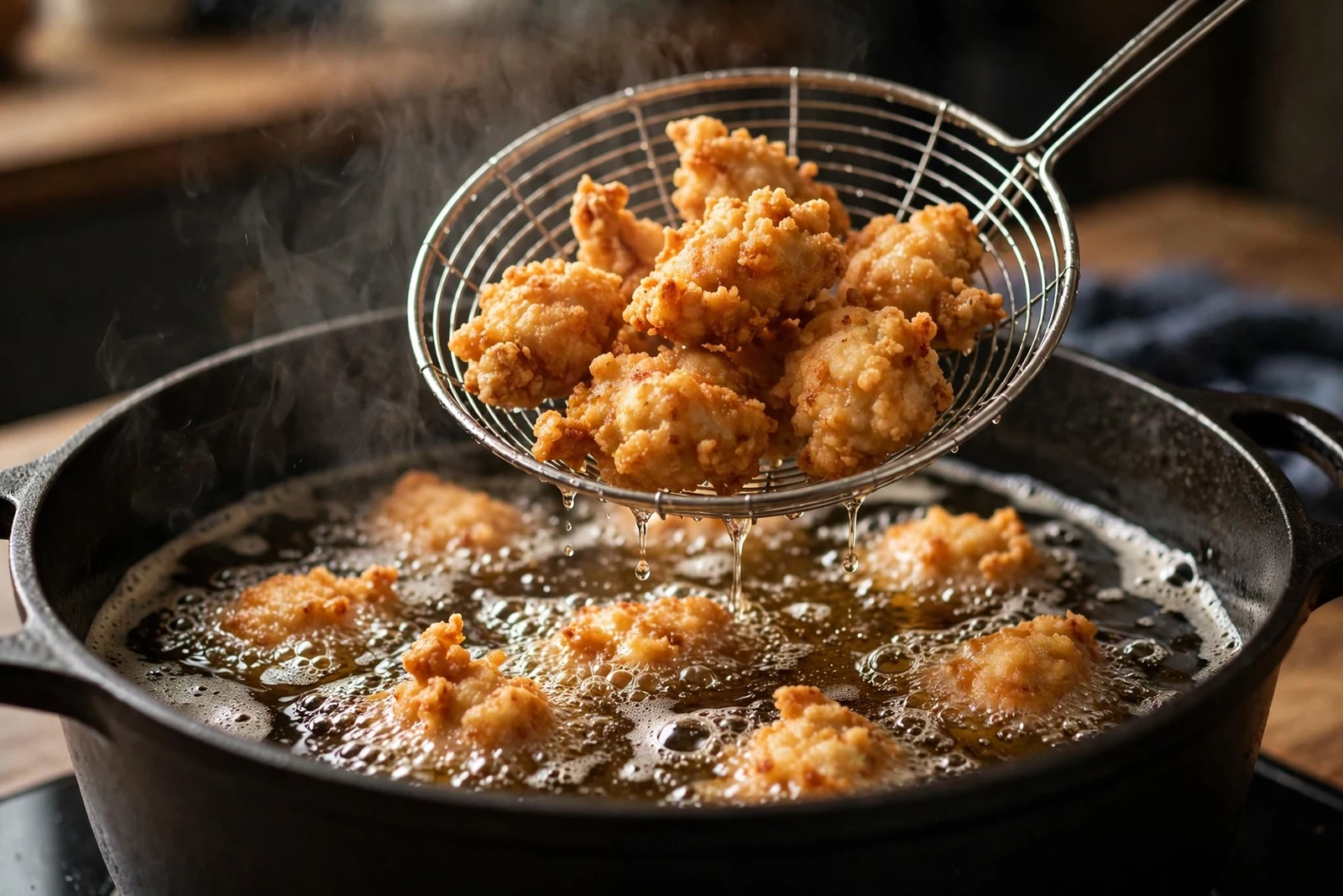 Golden chicken karaage pieces frying in bubbling oil in a dark pot, lifted with a wire skimmer