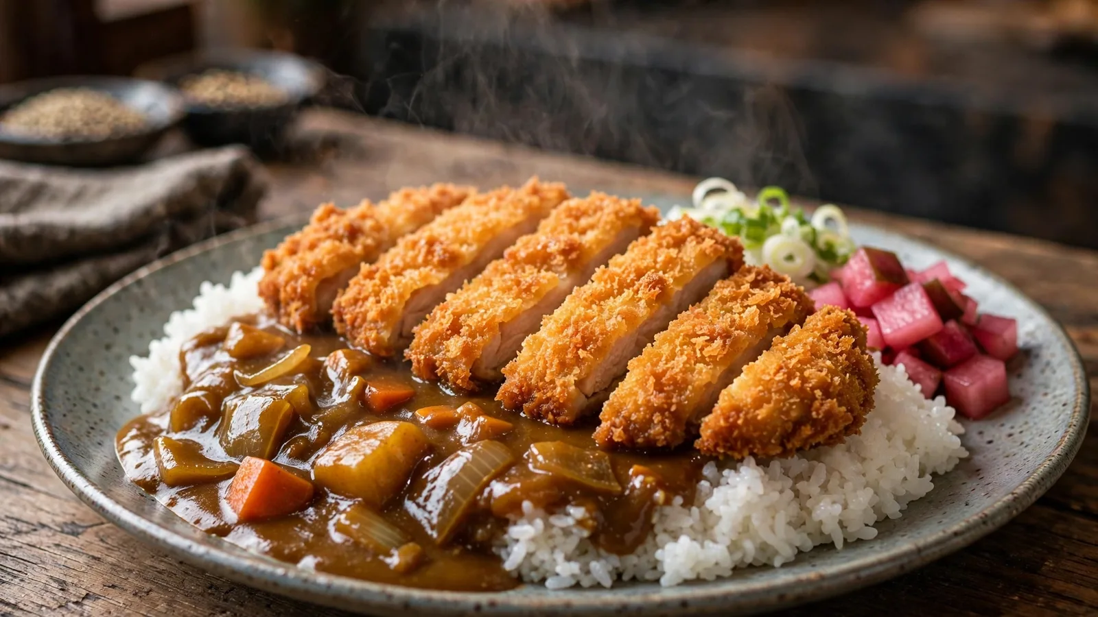 Plate of chicken katsu curry with sliced crispy panko chicken over rice, thick Japanese curry sauce with carrot, potato and onion, pink pickles and scallions