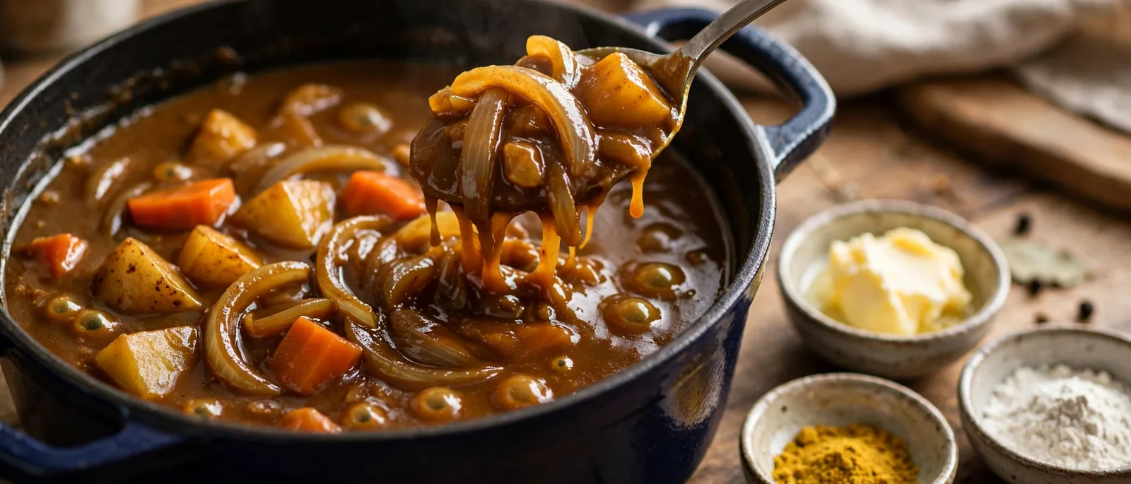 Pot of thick Japanese curry sauce with onions, carrots and potatoes, a spoon lifting sauce, with small bowls of butter, curry powder and flour