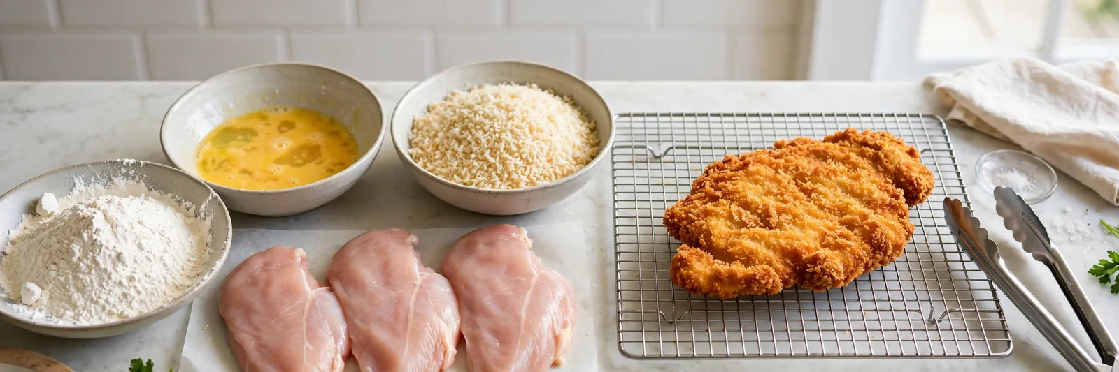 Breading station for chicken katsu with bowls of flour, beaten egg and panko, raw chicken breasts and a fried cutlet on a wire rack