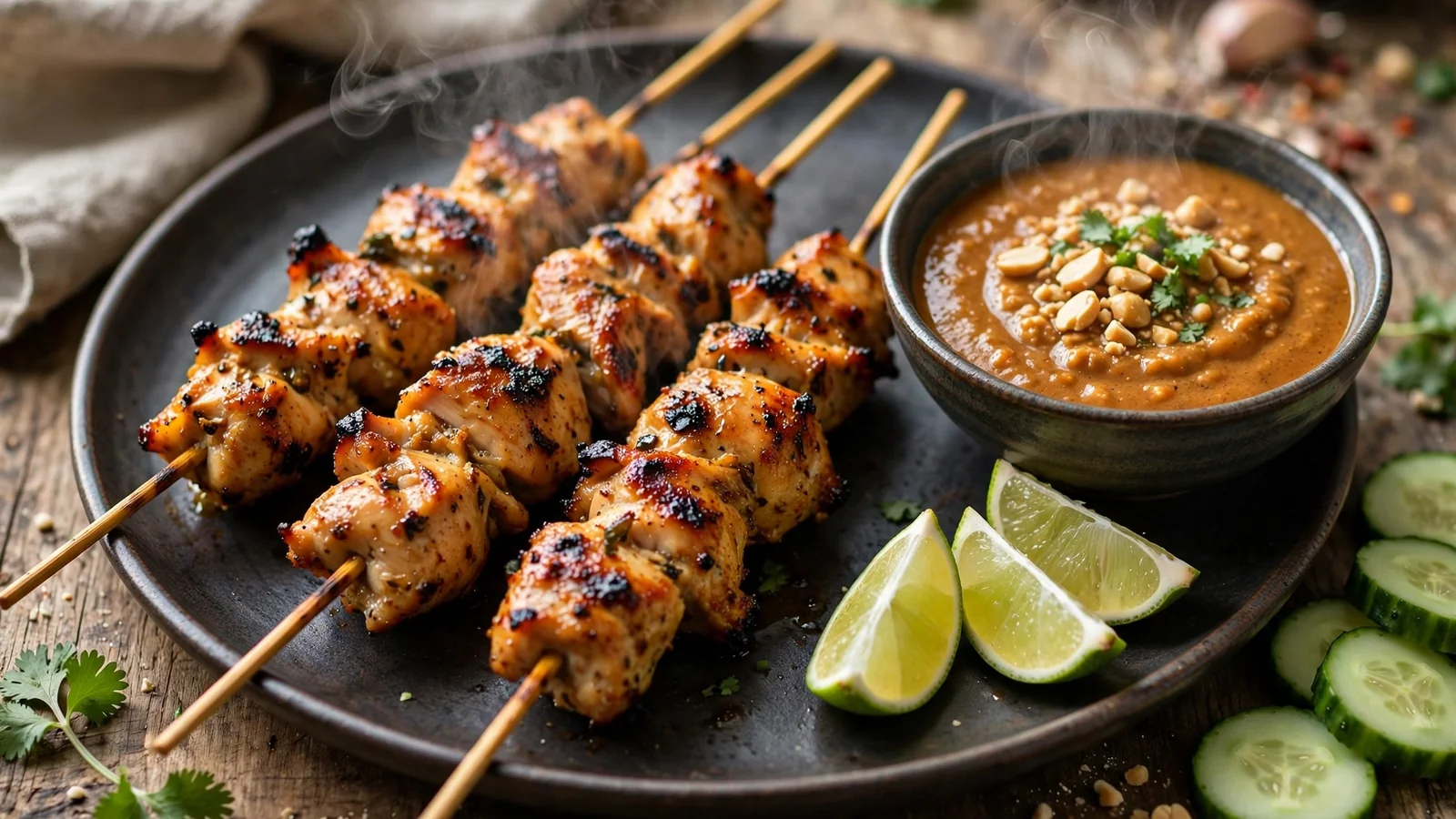 Grilled chicken satay skewers with charred edges on a dark ceramic plate beside a bowl of warm peanut sauce topped with chopped peanuts and cilantro, lime wedges and sliced cucumber on the side, steam rising on a wooden table