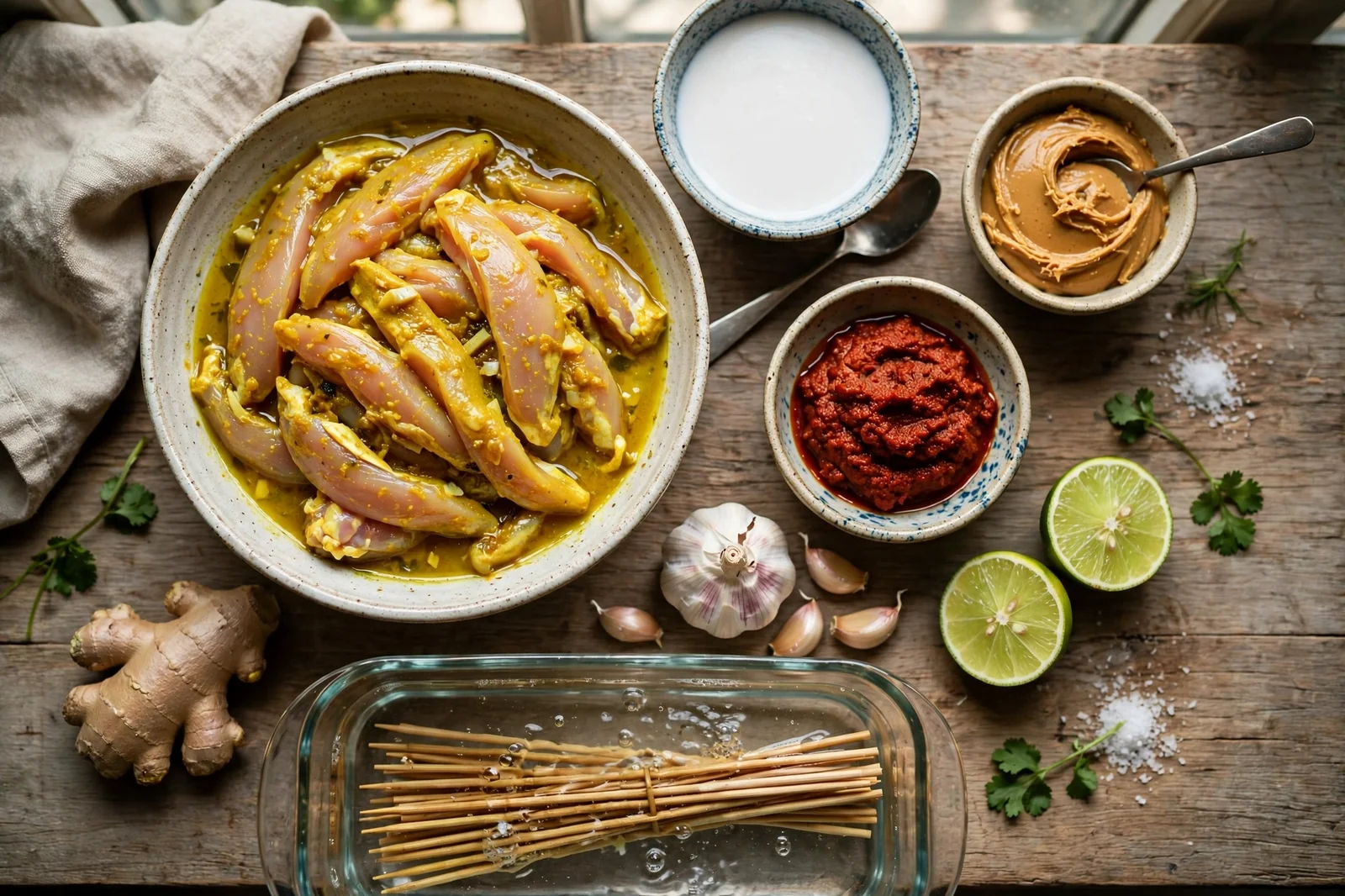 Chicken satay ingredients on a wooden counter: bowl of raw chicken thigh strips in golden turmeric marinade, small bowls of coconut milk, peanut butter and red curry paste, lime halves, garlic, ginger and bamboo skewers soaking in water