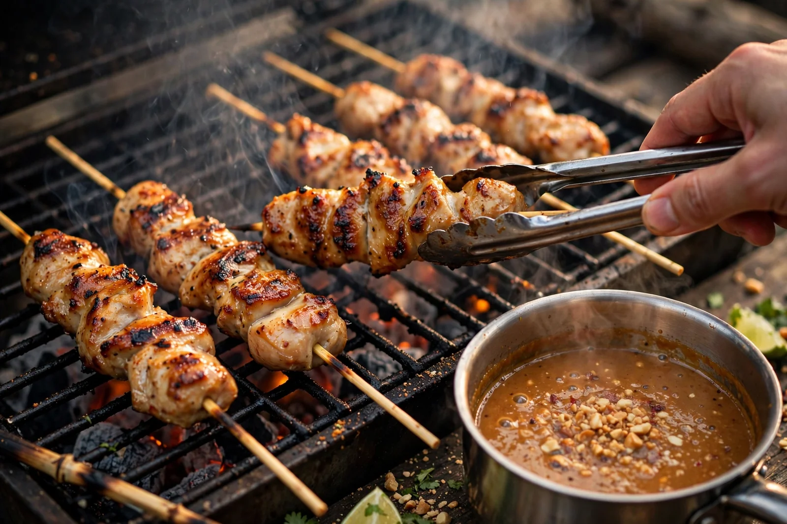 Chicken satay skewers grilling over charcoal with smoke and caramelized char marks, a hand turning a skewer with metal tongs, small pot of peanut sauce with chopped peanuts beside the grill