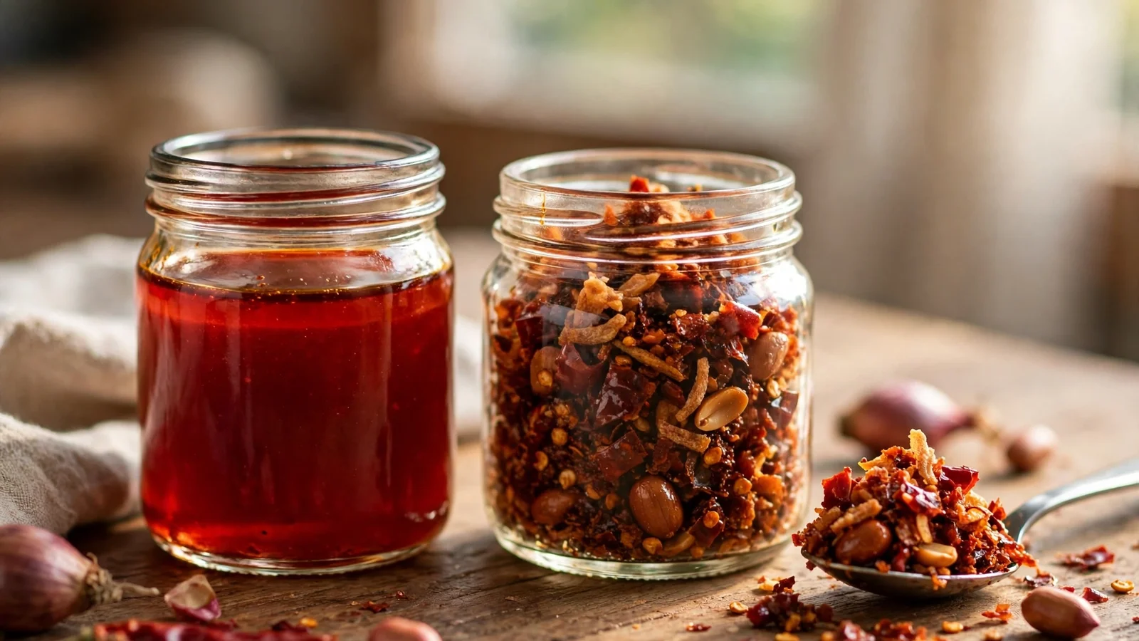 Two glass jars on a wooden table: smooth ruby-red chili oil beside chunky chili crisp, with a spoonful of the crunchy condiment