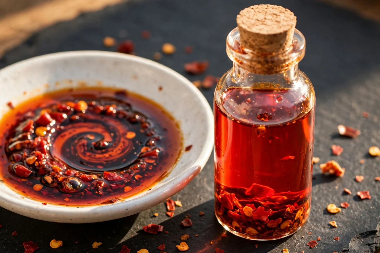 Small glass bottle of clear red chili oil next to a white dipping dish swirled with chili oil and soy sauce