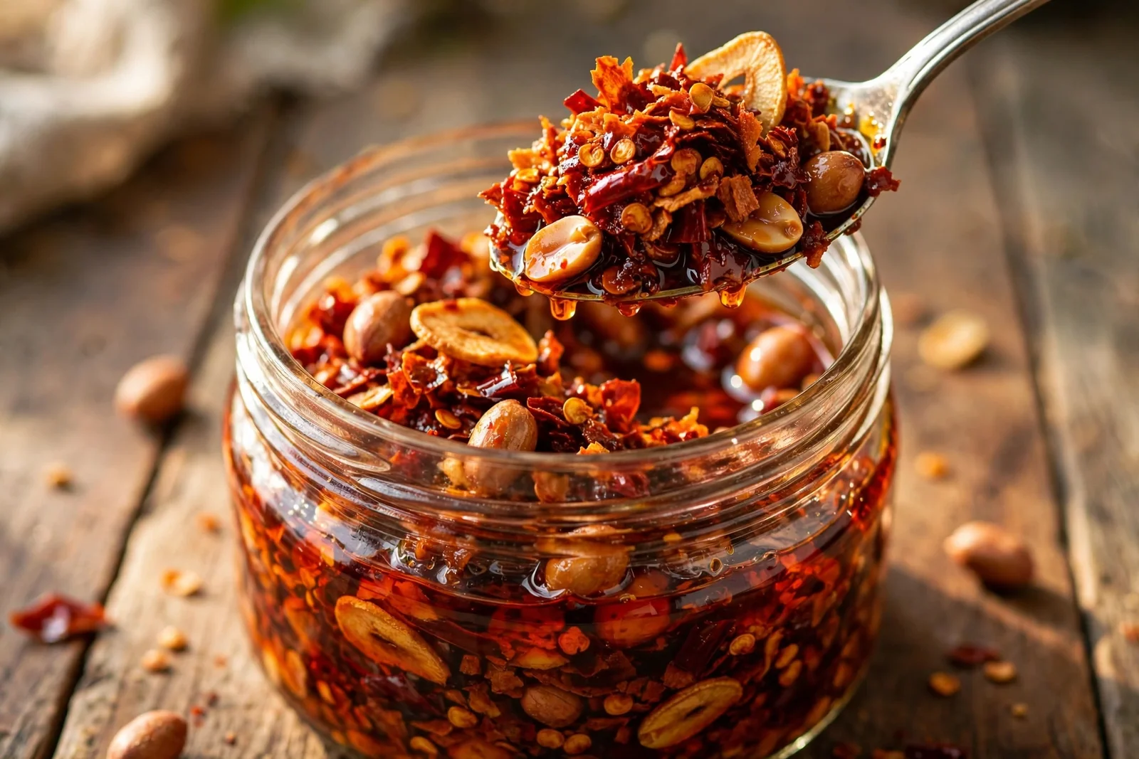 Open glass jar of chunky chili crisp with a spoon lifting fried chili flakes, garlic chips and peanuts