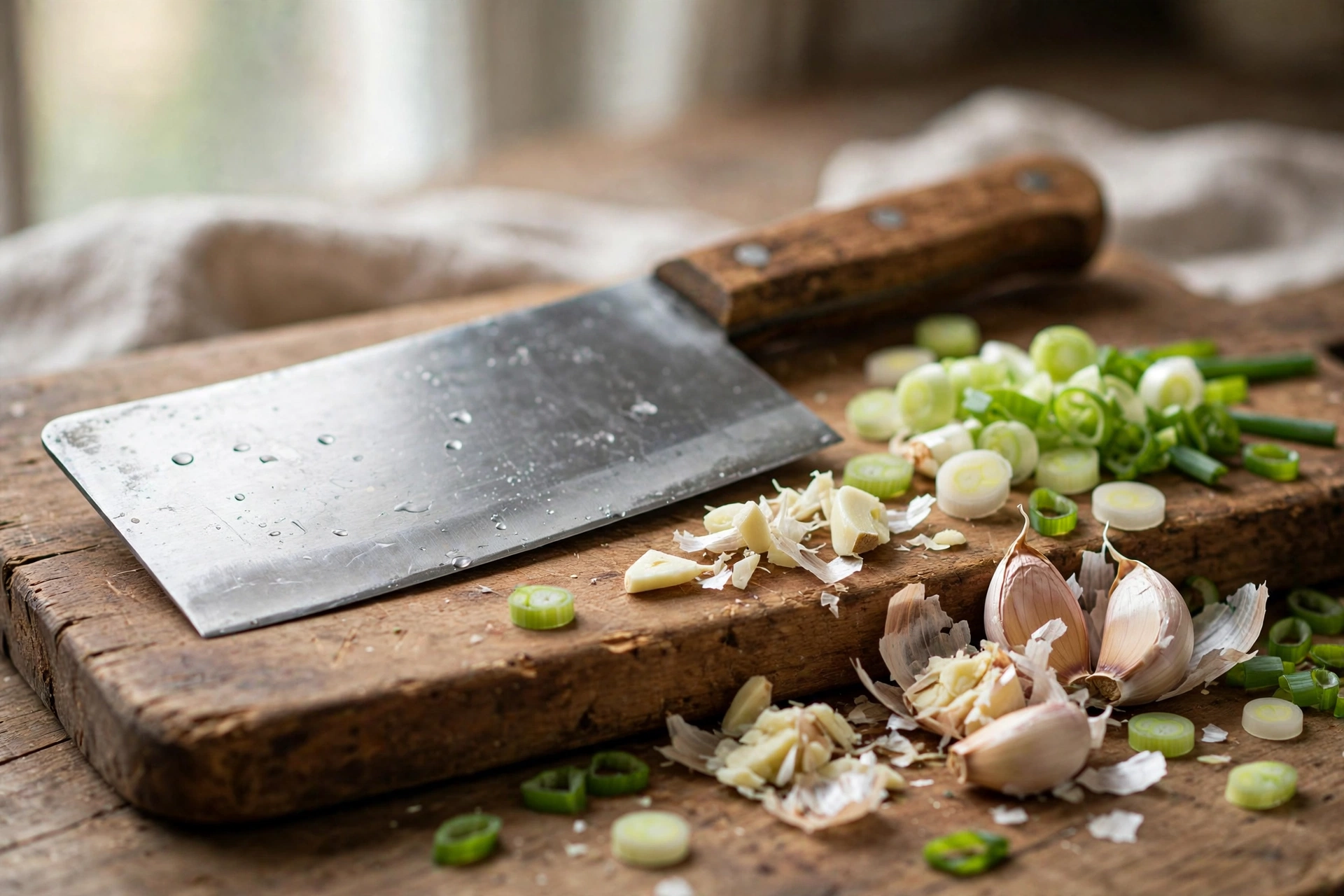 Chinese cleaver with a wooden handle resting on a wooden cutting board beside sliced scallions and smashed garlic cloves in natural window light