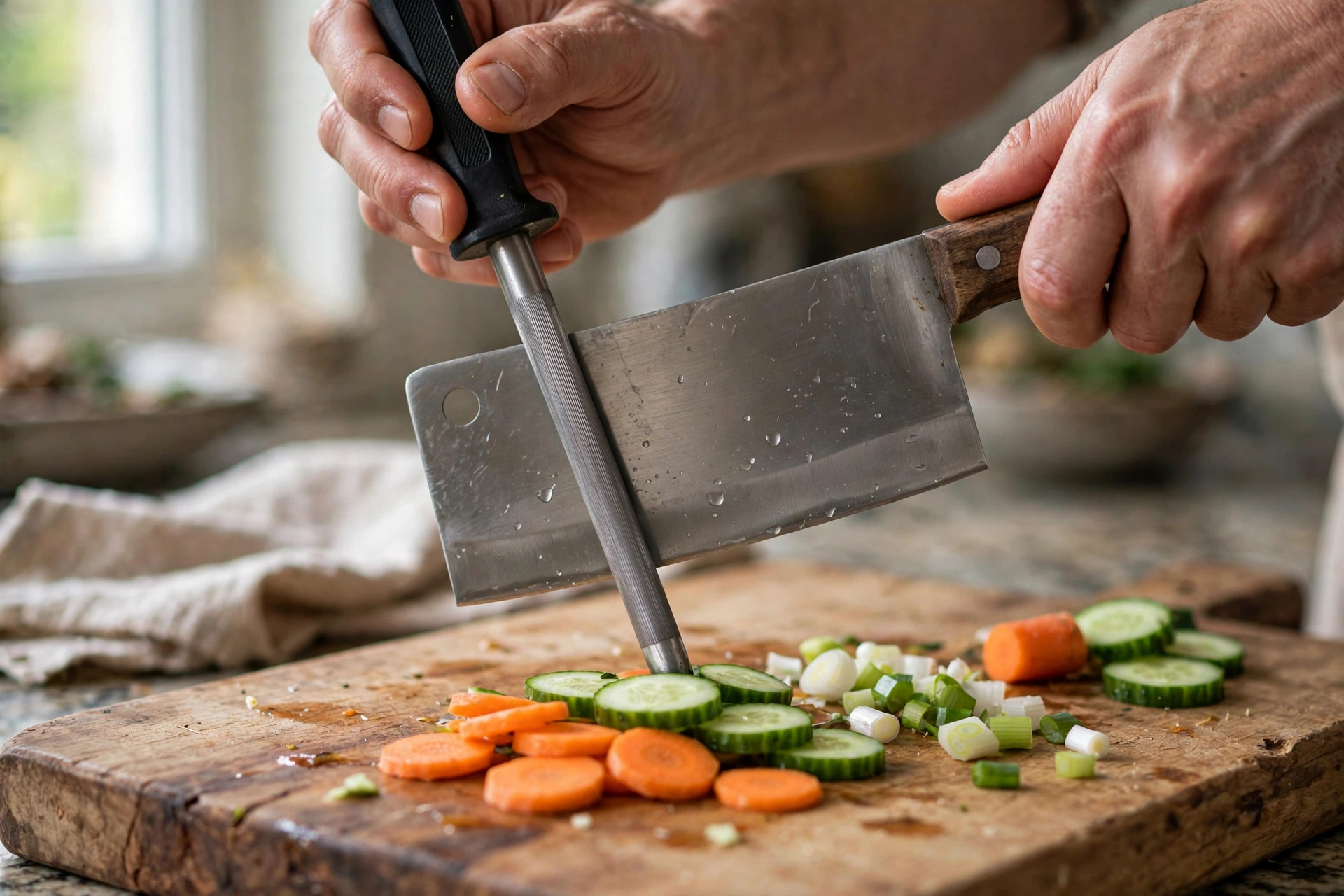 Hands honing a Chinese cleaver on a honing steel rod over a wooden cutting board with sliced vegetables nearby