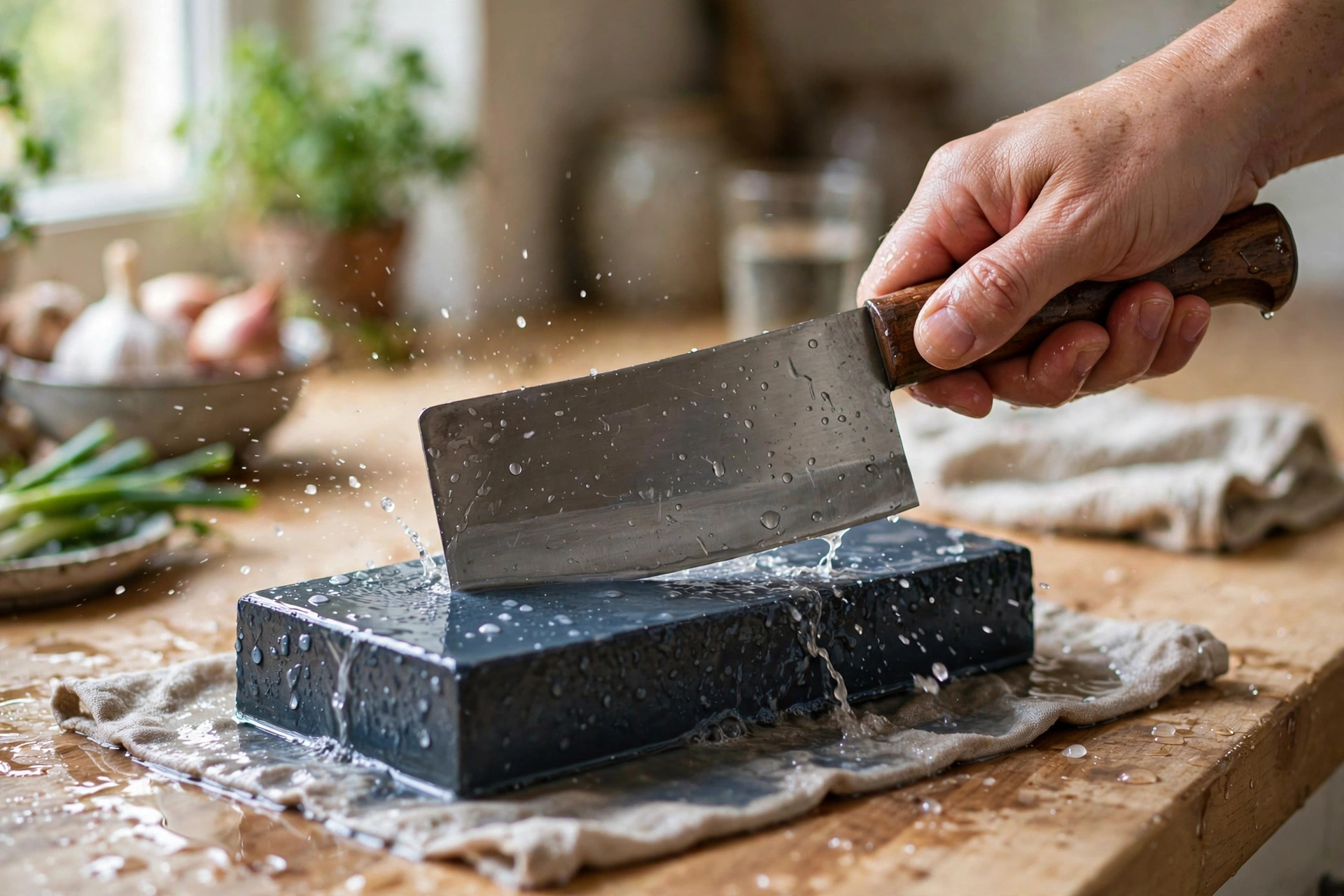 Chinese cleaver being sharpened on a wet whetstone on a kitchen counter with water droplets on the stone