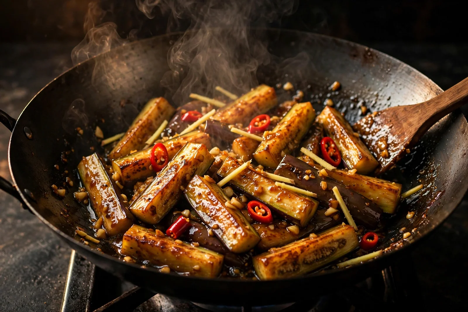 Seared eggplant batons being tossed with garlic, ginger and red chiles in a steaming wok