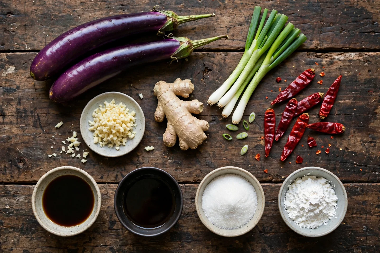 Raw ingredients for Chinese garlic eggplant: long purple Chinese eggplants, minced garlic, fresh ginger, dried red chiles, scallions, bowls of soy sauce, sugar, black vinegar and cornstarch