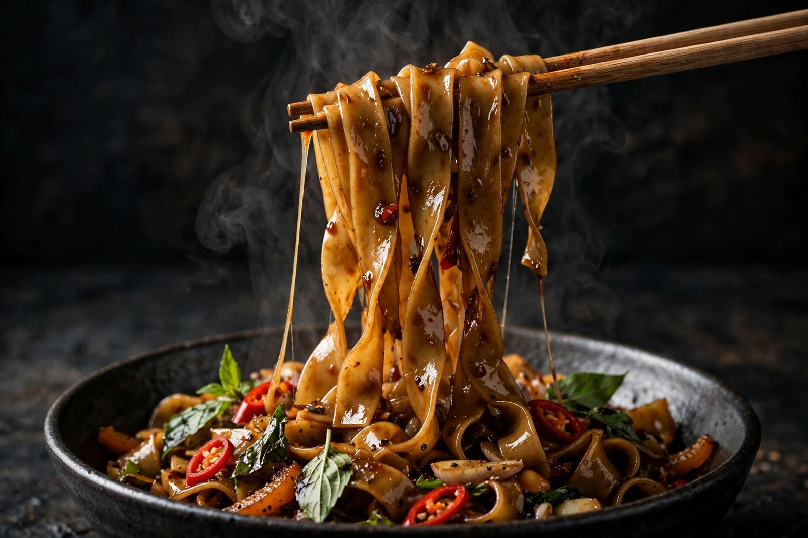 Chopsticks lifting a bundle of glossy wide drunken noodles from a bowl, steam rising, holy basil and red chilies visible below.