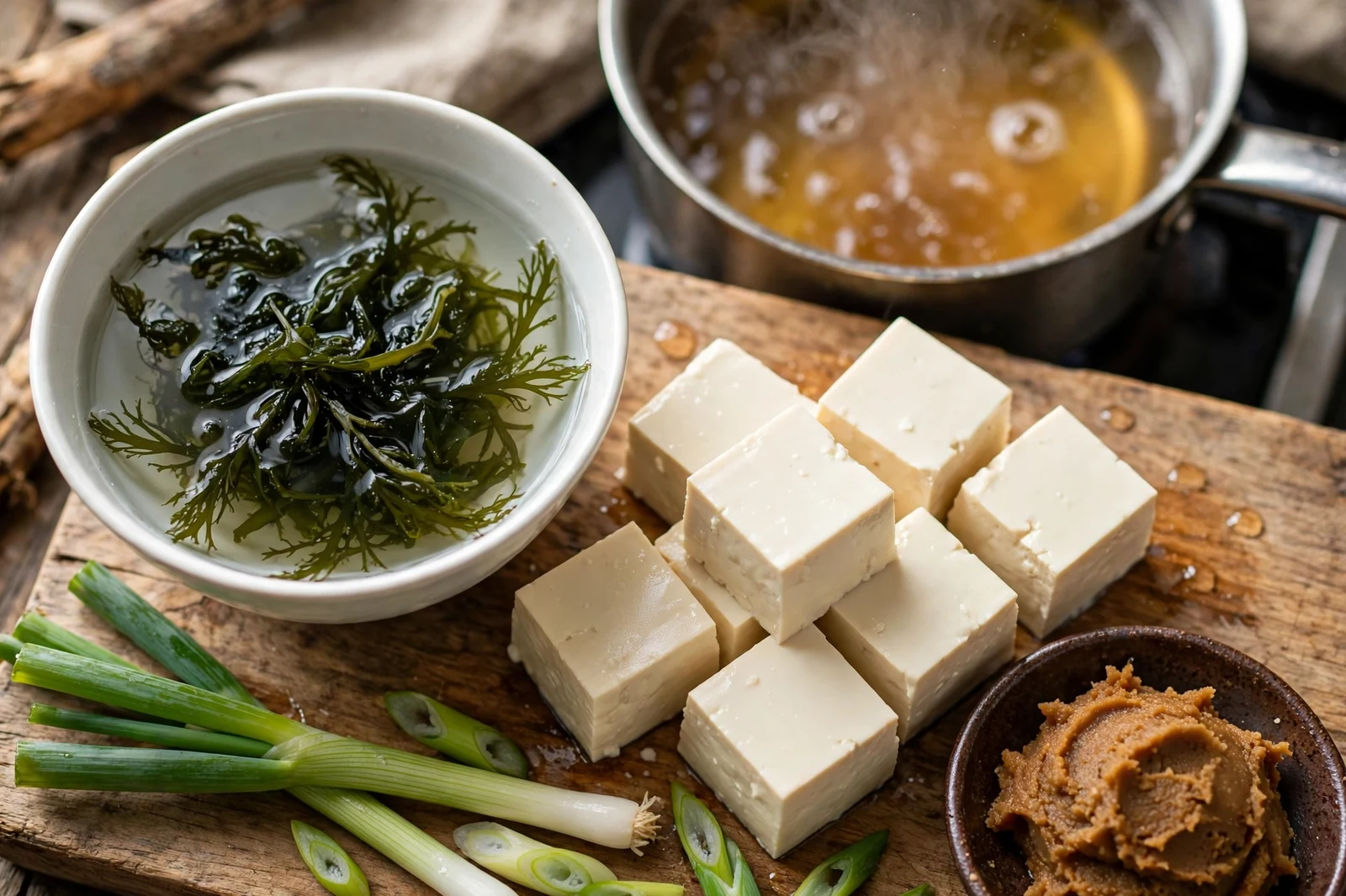 Miso paste, silken tofu, dried wakame, and dashi ingredients laid out for classic miso soup