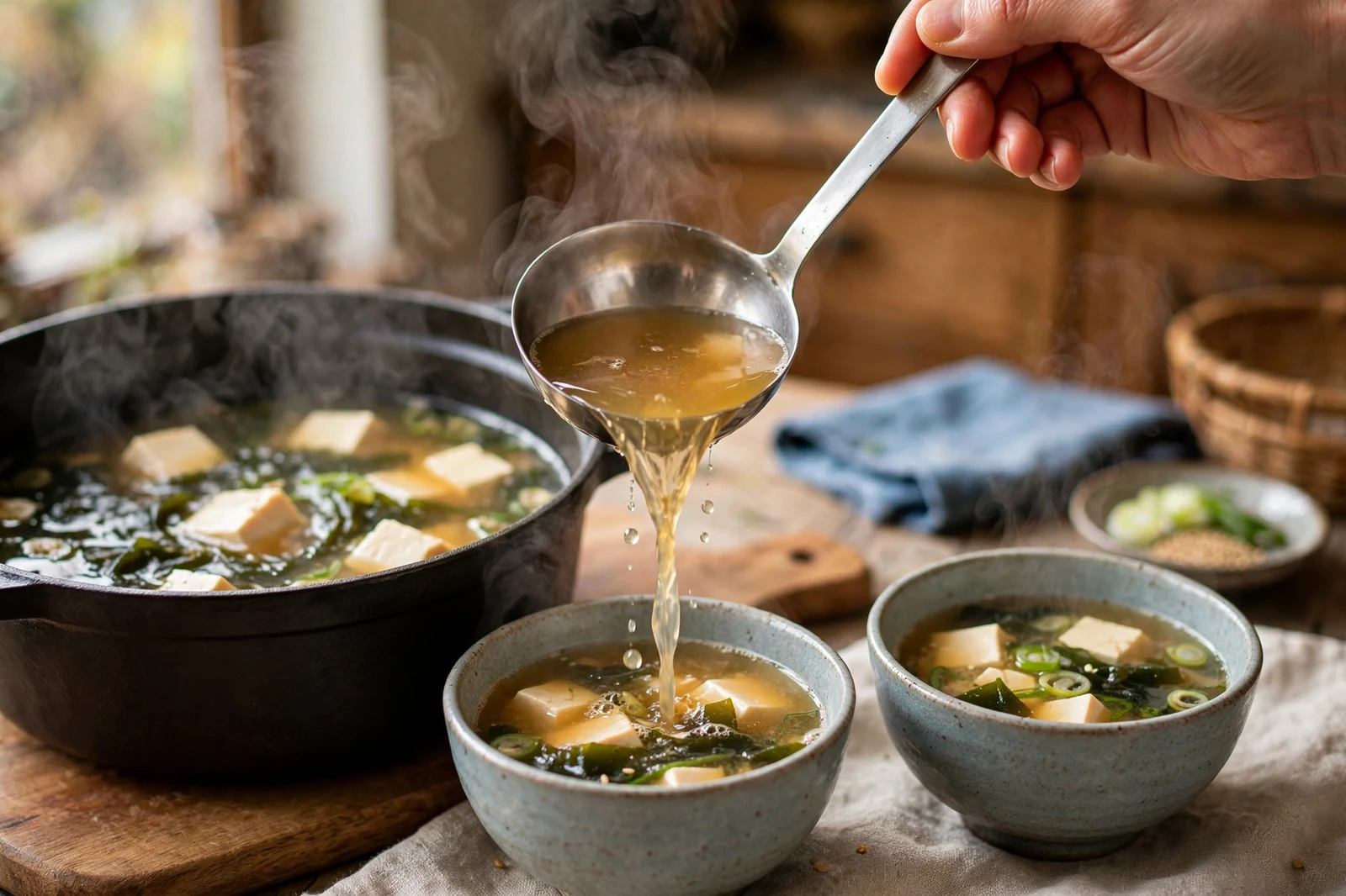 Ladling hot miso soup from a pot into ceramic bowls