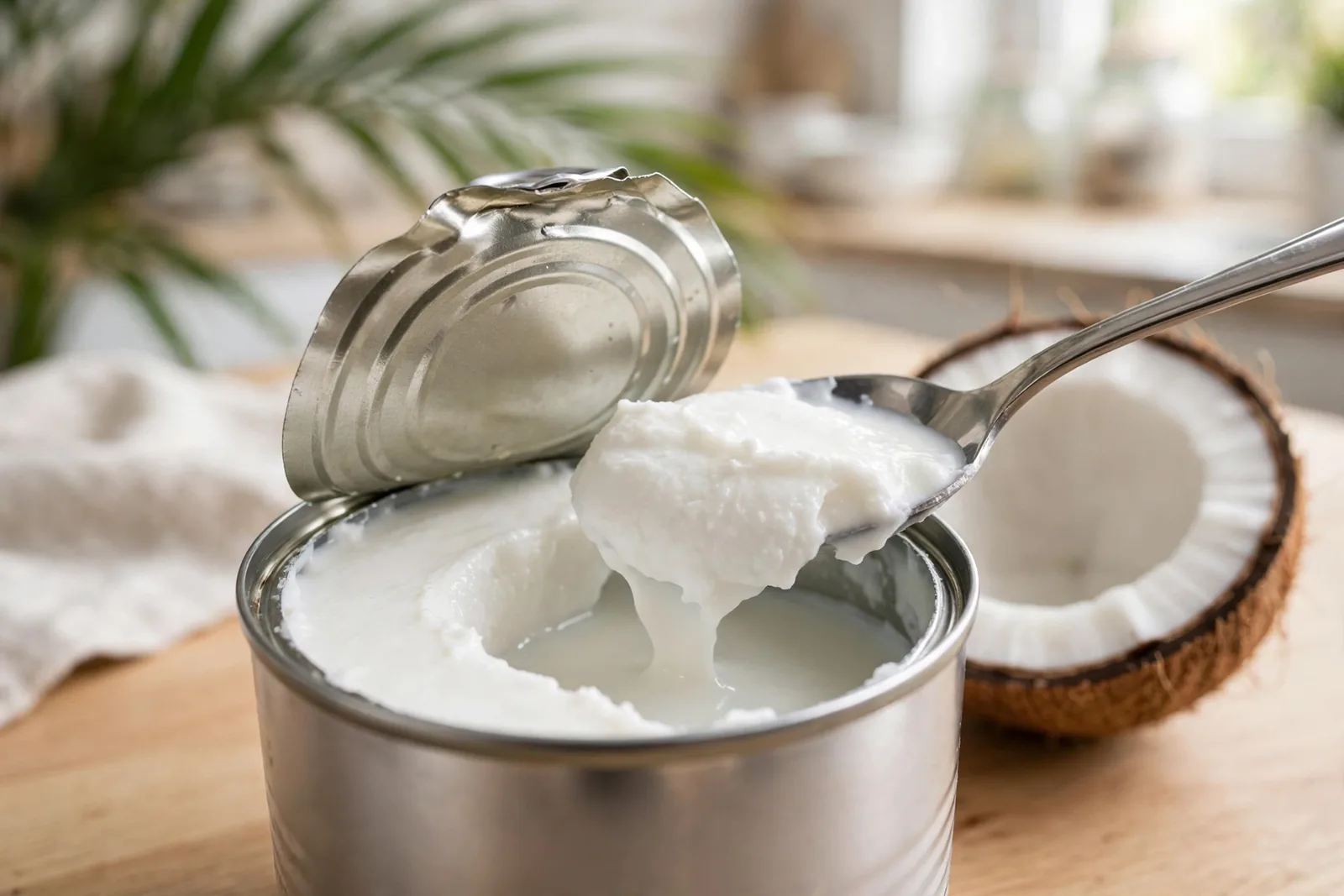 Spoon lifting thick coconut cream from an opened can, showing the dense cream layer above thinner coconut milk, with a halved coconut beside it