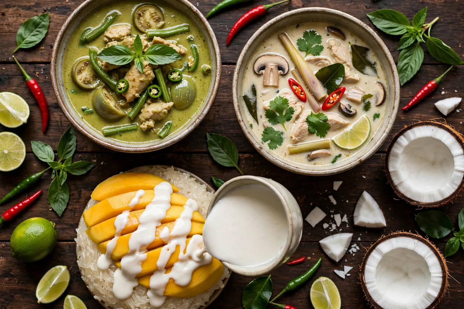 Overhead spread of Thai green curry, tom kha soup, and mango sticky rice with coconut cream being drizzled over the mango, coconuts and herbs around