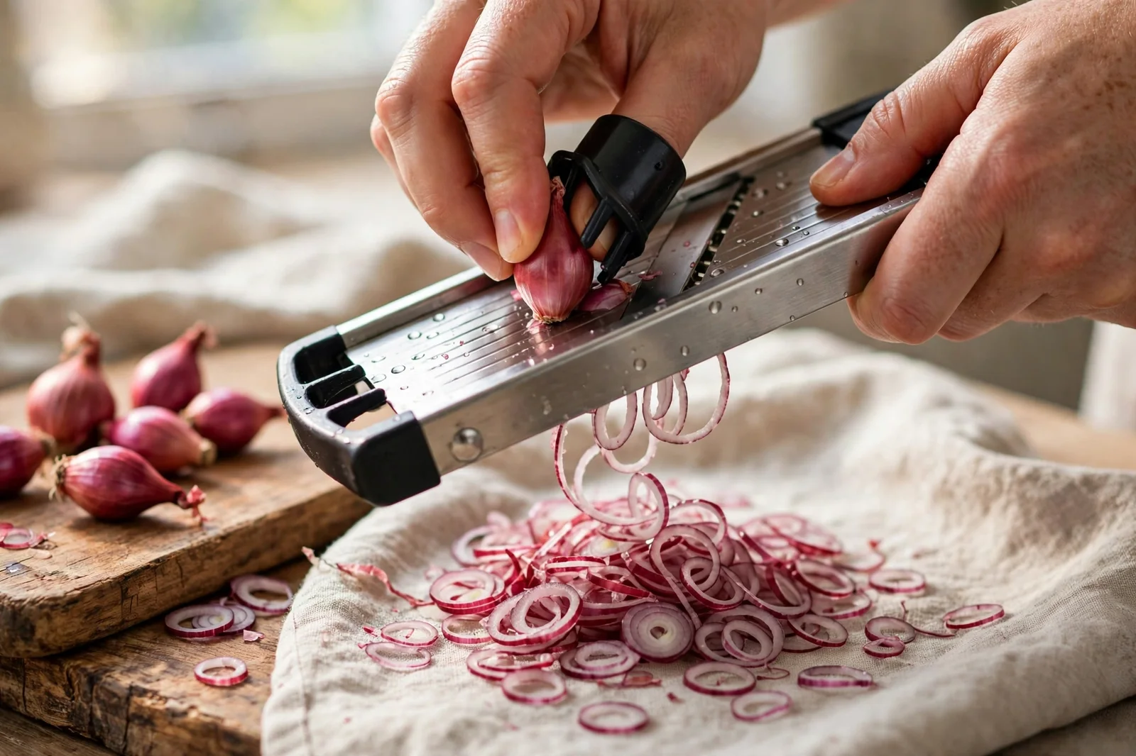 Hands slicing red shallots into thin even rings on a wooden cutting board with sliced rings spread on a linen towel