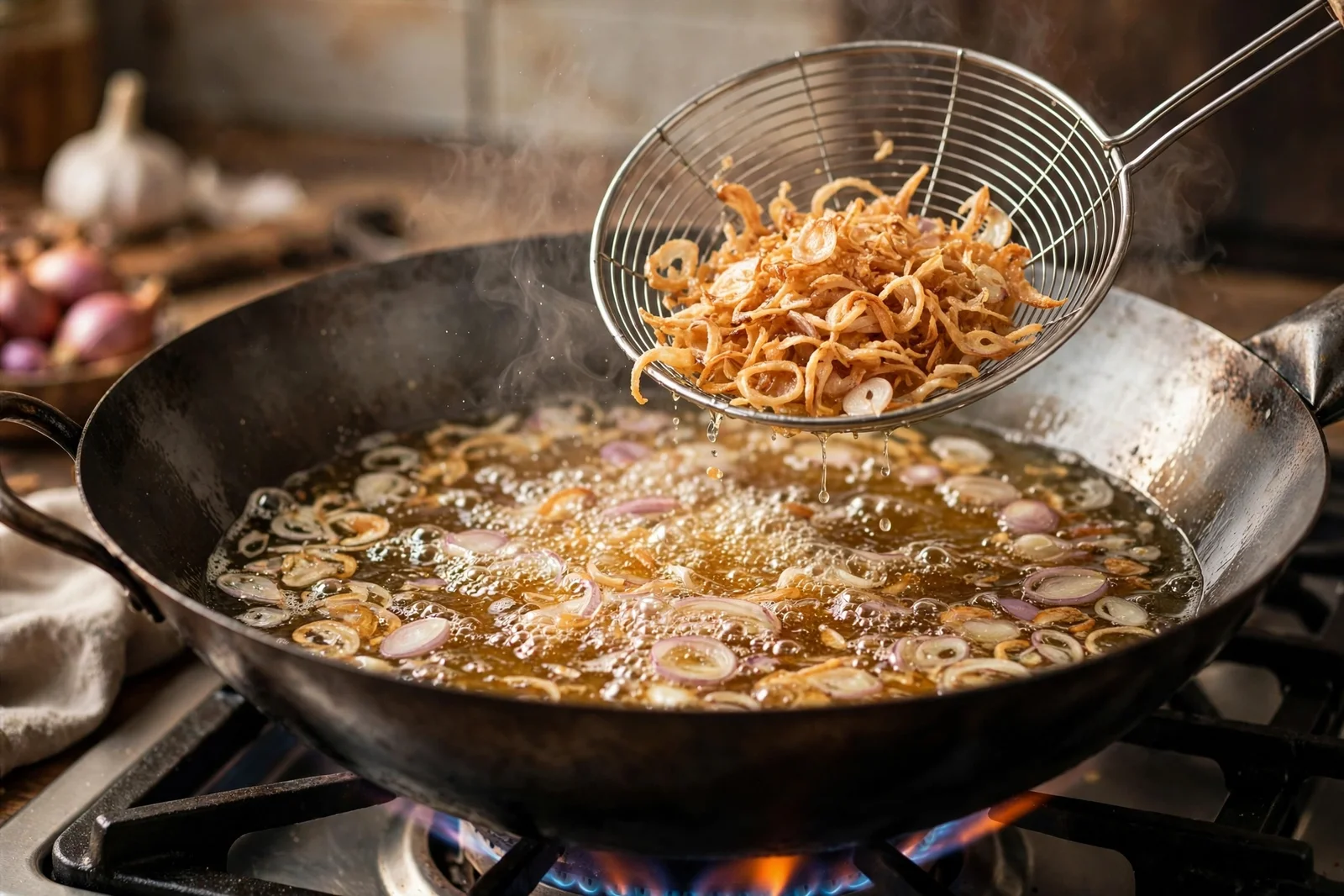 Thin shallot slices frying in bubbling golden oil in a wok with a spider strainer lifting out light golden crispy shallots