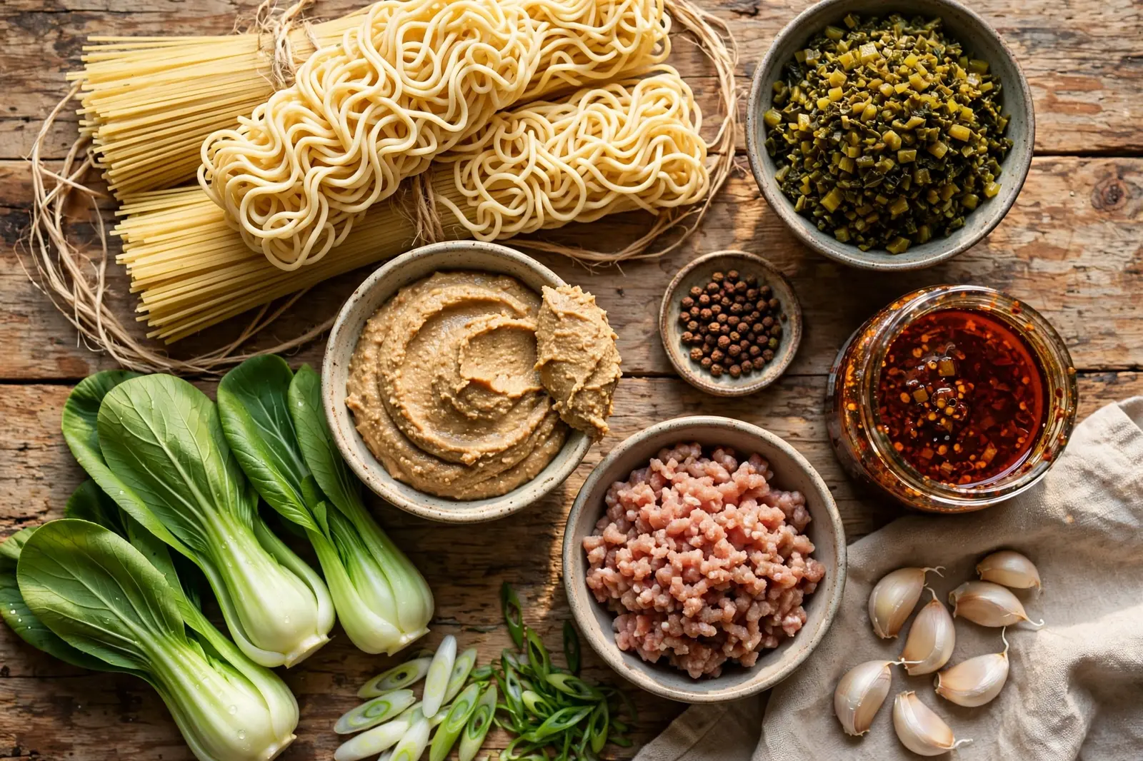 Raw ingredients for dan dan noodles on a wooden table: wheat noodles, ground pork, preserved mustard greens, bok choy, sesame paste, chili oil, Sichuan peppercorns, scallions and garlic