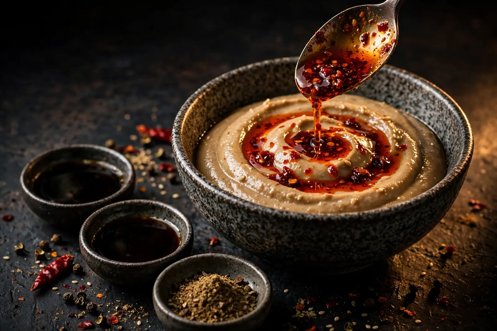 Dan dan noodle sauce preparation: sesame paste being whisked with chili oil beside small dishes of soy sauce, black vinegar and Sichuan peppercorns