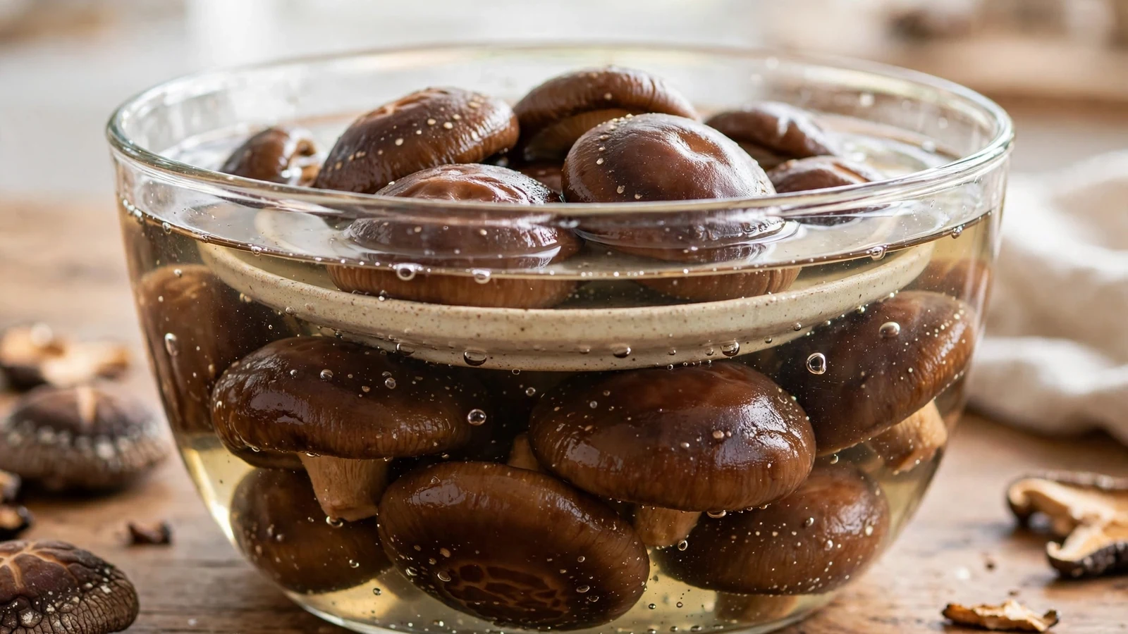 Dried shiitake mushrooms soaking in a glass bowl of warm water, weighted down with a small ceramic plate