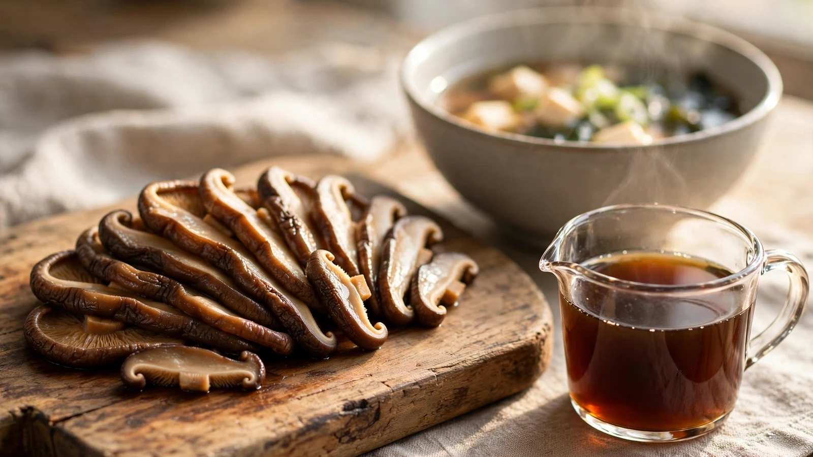 Sliced rehydrated shiitake mushrooms on a wooden cutting board beside a jug of dark amber soaking liquid