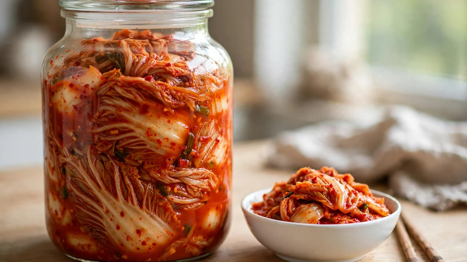 Glass jar filled with homemade napa cabbage kimchi beside a small bowl of kimchi and chopsticks