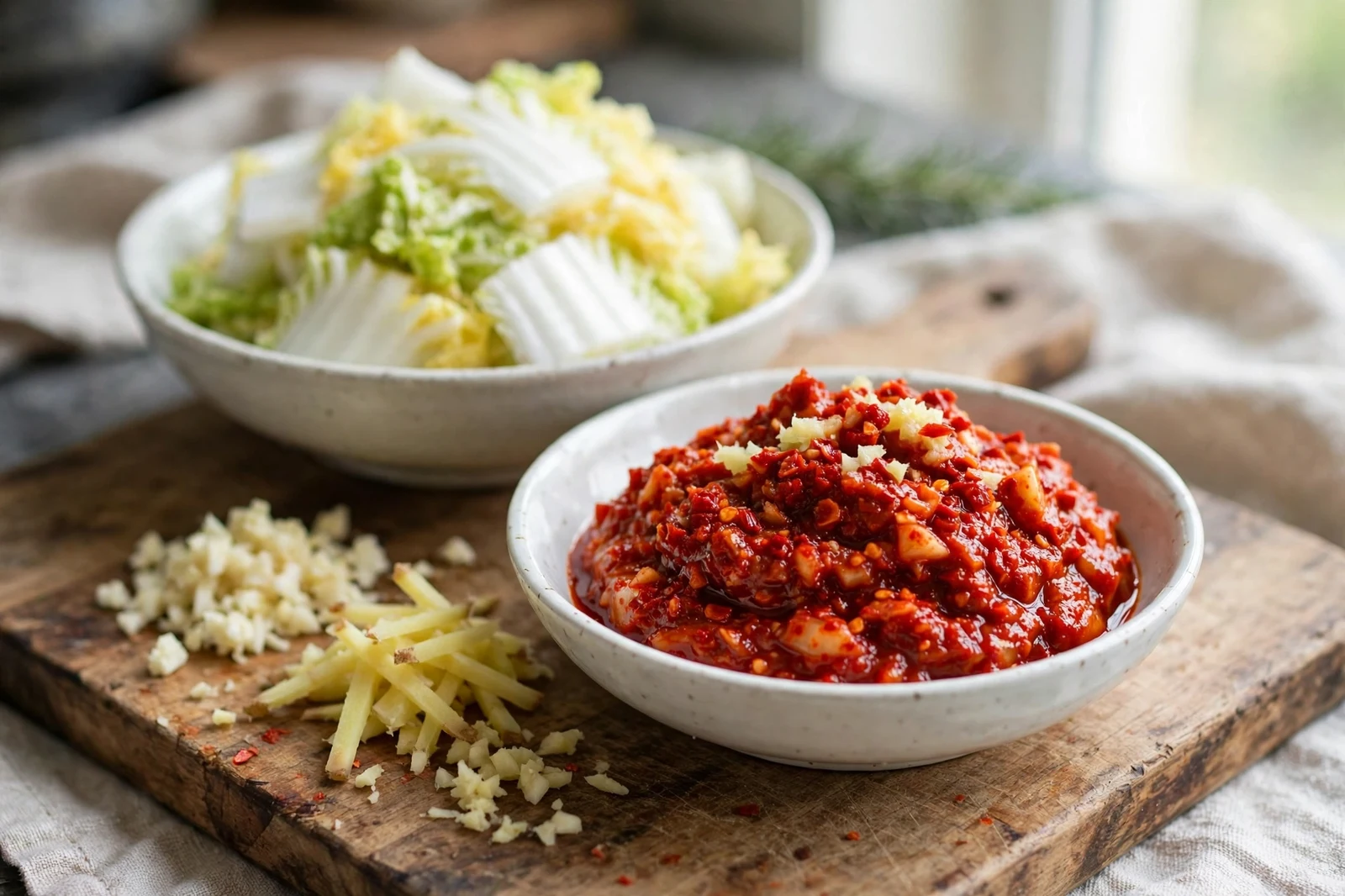 Bowl of red gochugaru kimchi seasoning paste with minced garlic and ginger on a wooden board