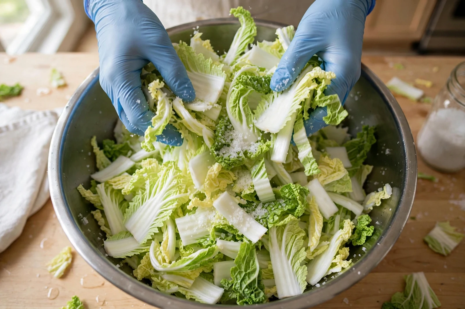 Gloved hands tossing chopped napa cabbage with coarse kosher salt in a large metal bowl