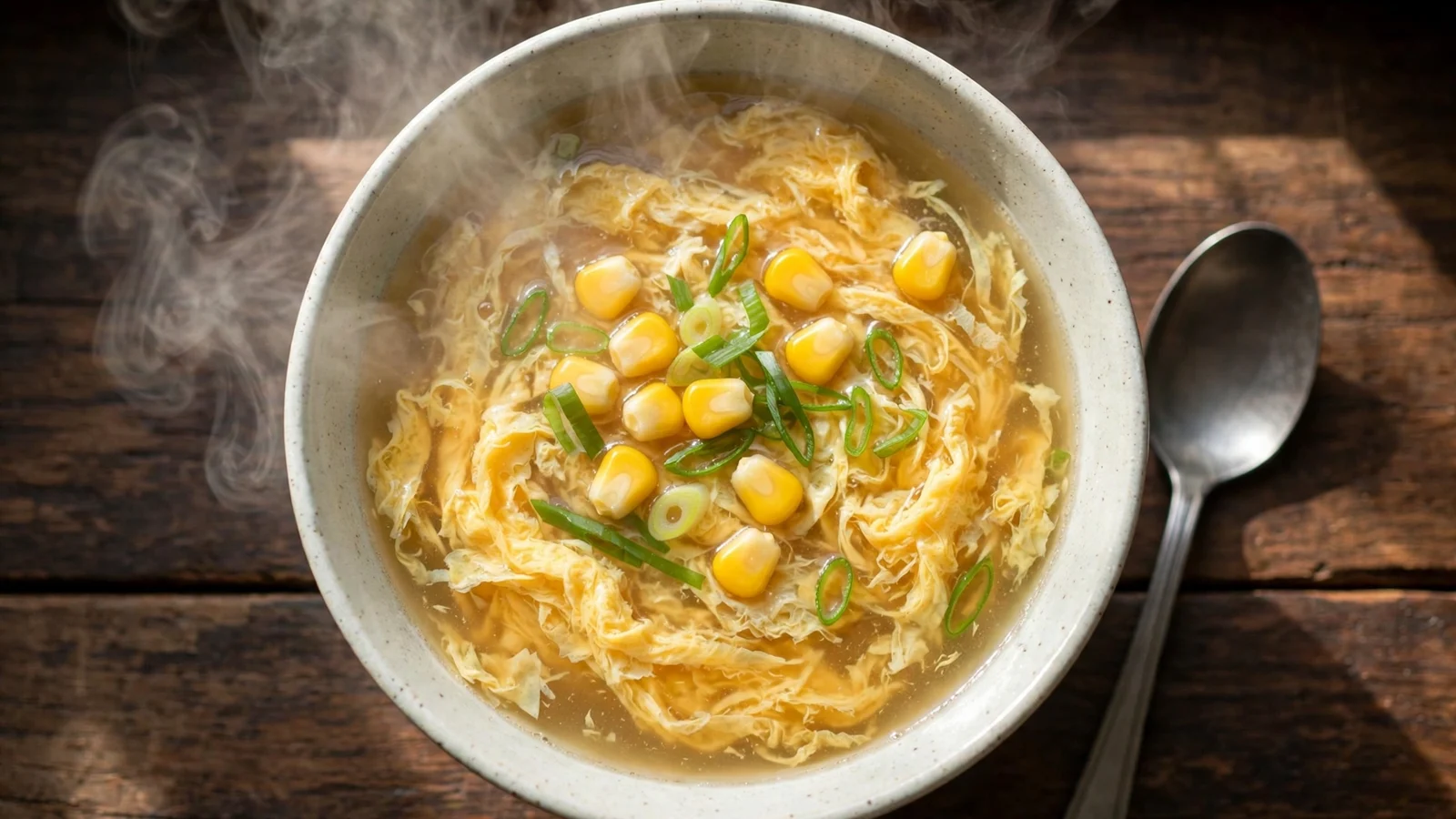 Bowl of Chinese egg drop soup with silky golden egg ribbons, sweet corn kernels and sliced scallions, steam rising, spoon beside the bowl on a wooden table