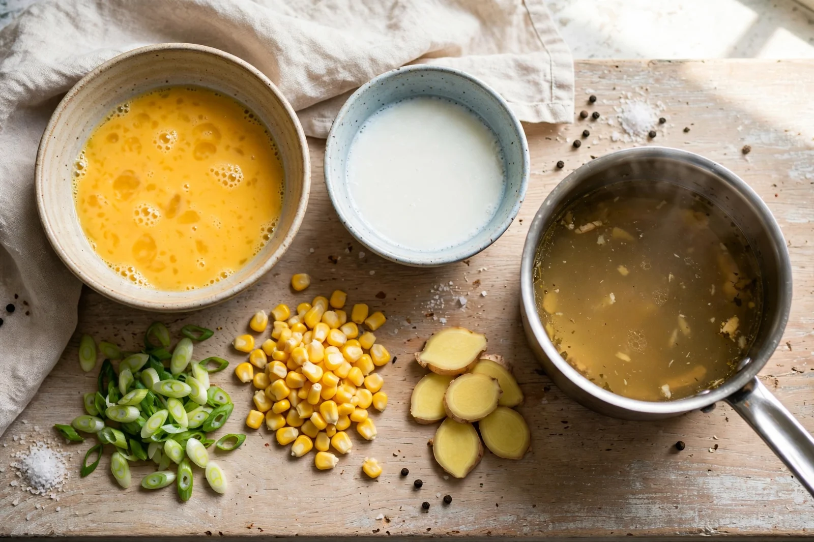 Egg drop soup ingredients on a counter: bowl of beaten eggs, cornstarch slurry, sliced scallions, corn kernels, ginger slices and a pot of chicken broth