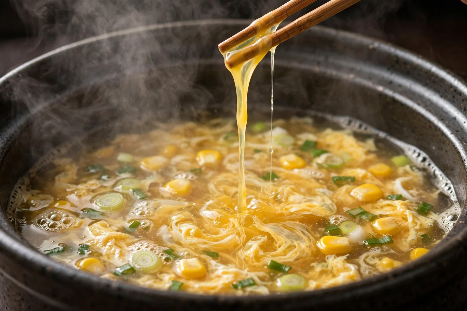Beaten egg drizzled in a thin stream from chopsticks into a simmering pot of egg drop soup, forming silky ribbons with corn and scallions in the broth
