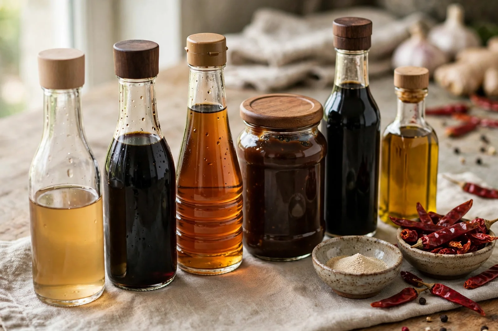 Asian sauce bottles and jars on a kitchen counter: soy sauce, fish sauce, oyster sauce, black vinegar, sesame oil, white pepper and dried chilies