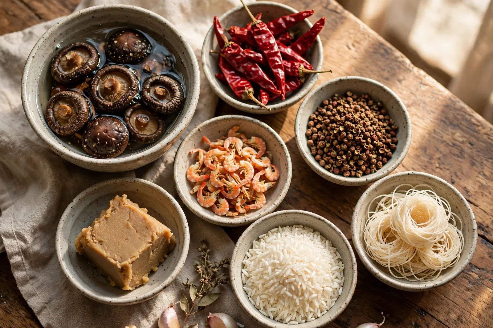Dried Asian pantry staples in ceramic bowls: shiitake mushrooms, red chilies, Sichuan peppercorns, miso, dried shrimp, jasmine rice and rice noodles