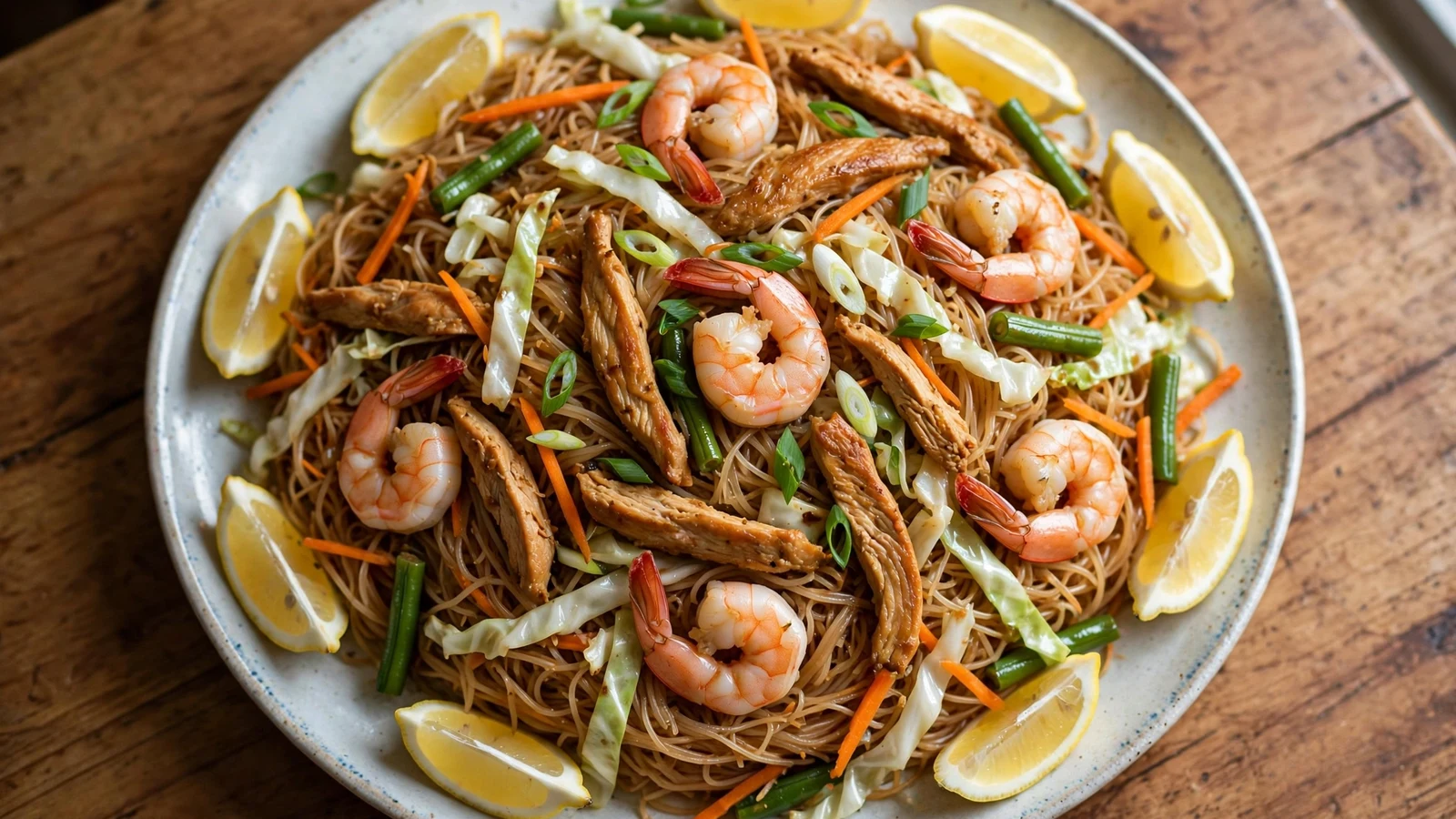 Wide ceramic platter of Filipino pancit bihon: glossy thin rice vermicelli noodles tossed with whole shrimp, chicken strips, cabbage ribbons, carrot matchsticks and green beans, garnished with sliced scallions and lemon wedges, on a wooden table