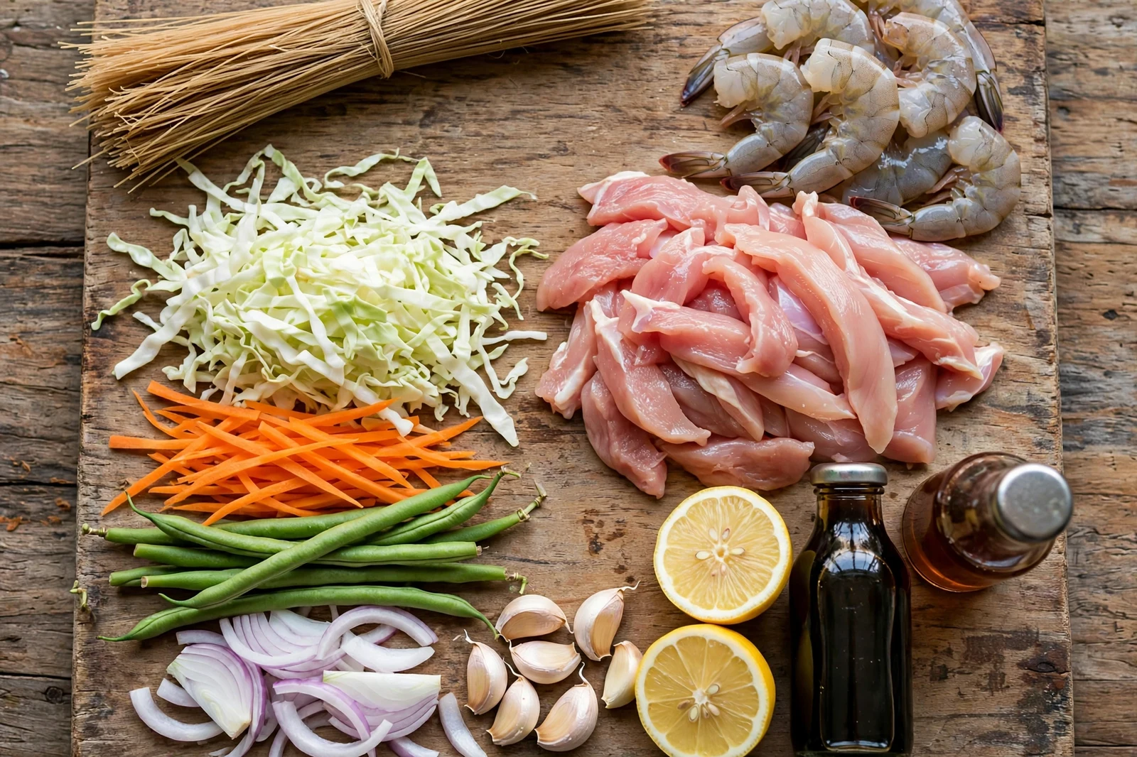 Ingredients for Filipino pancit bihon on a wooden board: bundle of dried rice vermicelli, raw shrimp, sliced raw chicken, shredded cabbage, carrot matchsticks, green beans, sliced onion, garlic cloves, bottles of soy sauce and fish sauce, and lemon halves